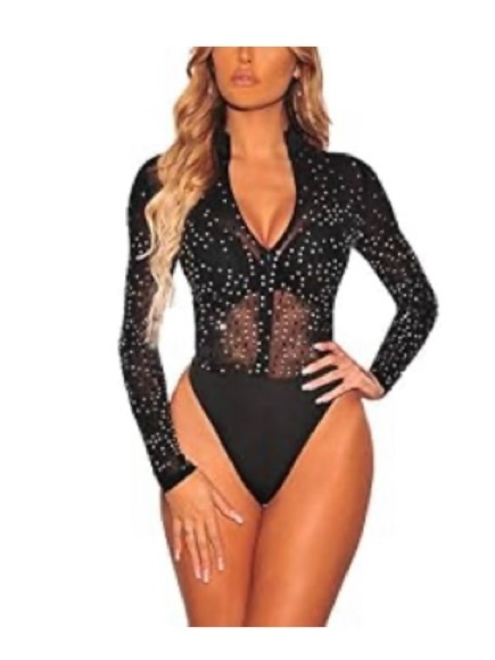 Black Rhinestone Sheer Zip Bodysuit Long Sleeve Top